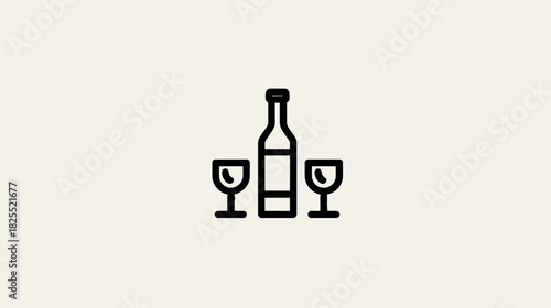 Minimalist line art icon of a wine bottle and two glasses, perfect for celebration, drinks, dining, and romantic occasions.