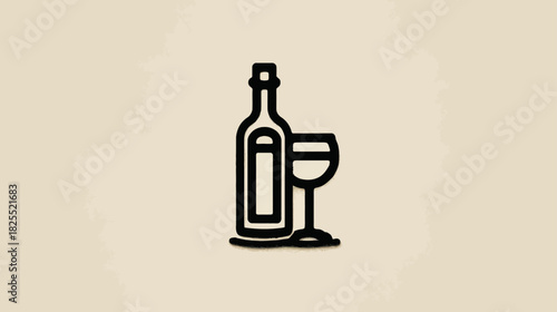 Outline icon of a wine bottle and glass on a light background. Simple line art vector illustration representing drinks and beverages.