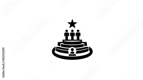 Leadership team on a tiered podium with a star, representing success, achievement, and top performance. Vector icon.
