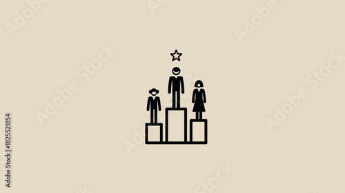Simple outline icon of business people on a winner's podium with a star, representing success, achievement, and top performance