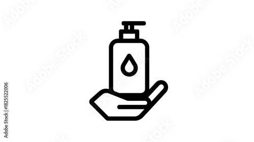Hand holding pump bottle icon for hygiene, sanitizer, soap, liquid dispenser. Health, clean hands, personal care symbol.