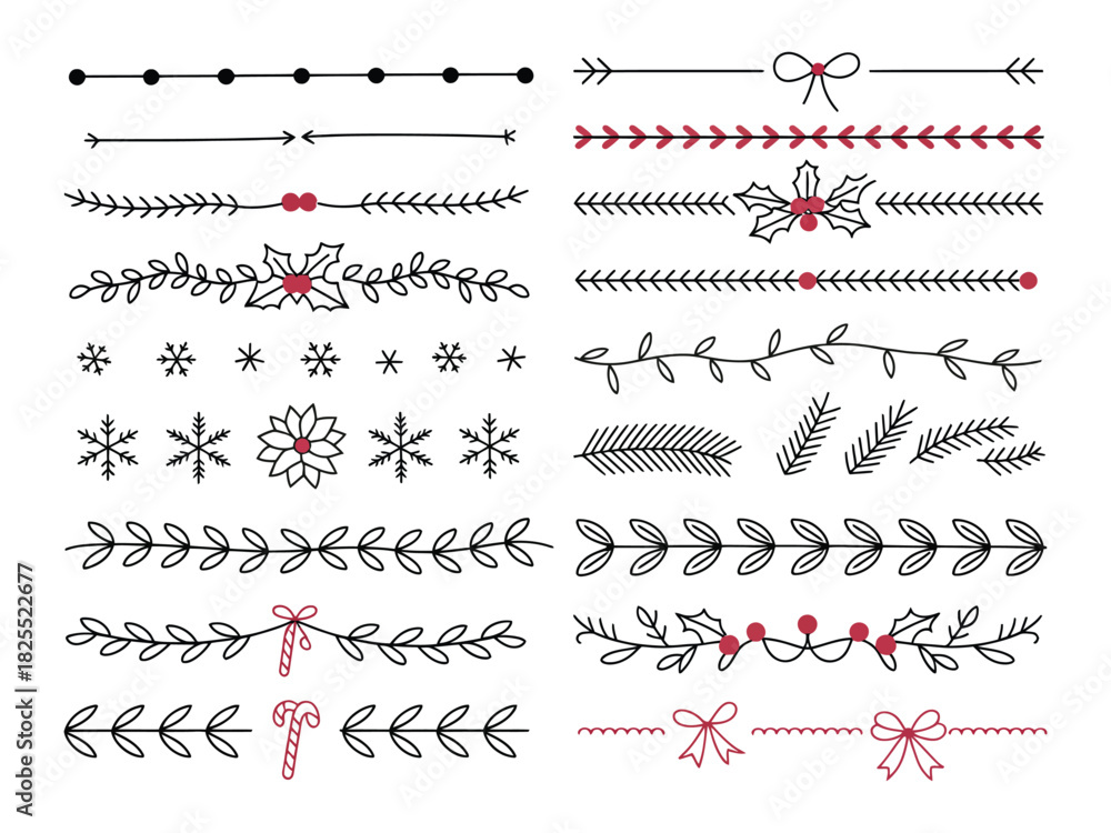 Naklejka premium Hand-Drawn Ornamental Winter Dividers, Snowflake Borders, Christmas and Holiday , Floral Ornate Separators, Wedding and Xmas Card Design, Isolated Vector Symbols for Invitations