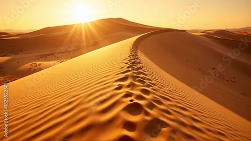Golden sunset over vast desert dunes creating a stunning landscape with sun rays and warm light perfect for adventure and travel themed projects