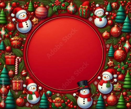 3D Christmas wreath frame featuring cheerful snowmen, candy canes, and colorful baubles against a bright red background