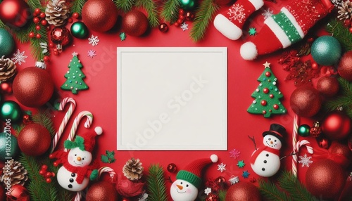 3D Christmas wreath frame featuring cheerful snowmen, candy canes, and colorful baubles against a bright red background