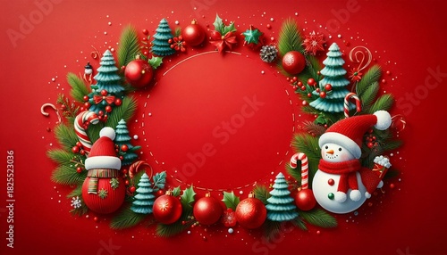 3D Christmas wreath frame featuring cheerful snowmen, candy canes, and colorful baubles against a bright red background