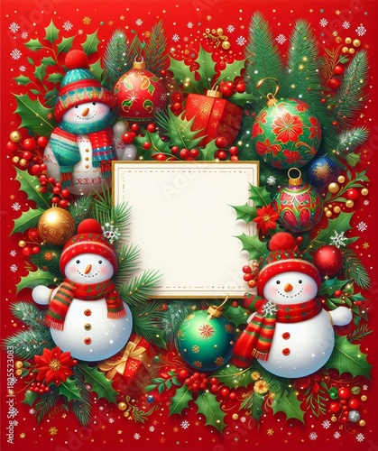 3D Christmas wreath frame featuring cheerful snowmen, candy canes, and colorful baubles against a bright red background