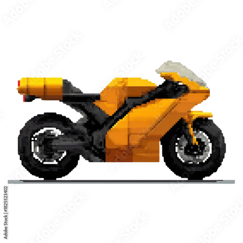 Pixel art sportbike motorcycle, fast racing speed vehicle illustration, retro 8bit game icon design, yellow orange motor side view isolated