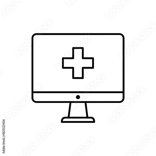 Modern healthcare technology concept: Computer screen displaying medical cross symbol for online health services, telemedicine, and digital wellness platform access