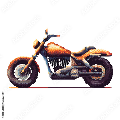 Pixel art chopper motorcycle, retro classic cruiser bike illustration, 8bit game icon design vector, orange custom motor side view isolated