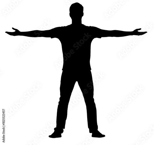 Man silhouette arms open wide, freedom success welcome gesture, black shadow outline stretching pose, happy confident male figure isolated