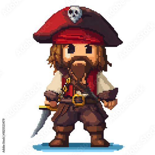 Pirate captain pixel art character, skull hat sword adventure illustration, retro 8bit game sprite vector, cartoon corsair warrior icon isolated