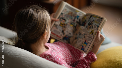Young girl with long hair, wearing pink polka dot pajamas, is reading a colorful comic book while relaxing on a cozy couch, surrounded by soft cushions and warm lighting, enjoying a quiet moment
