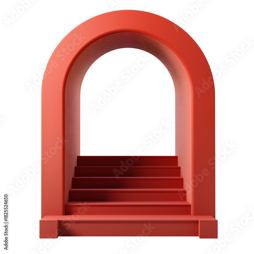 Red geometric arch stairs, minimal 3D product showcase podium, abstract modern gate structure, empty copy space studio background isolated