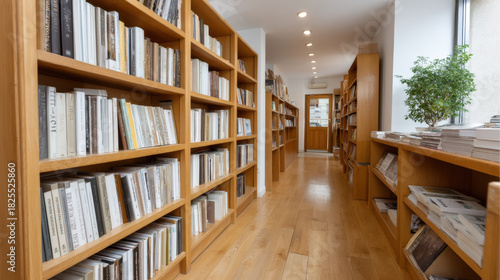Cozy interior of a modern library featuring wooden bookshelves filled with various books, warm wooden flooring, and natural light illuminating the reading space with inviting atmosphere