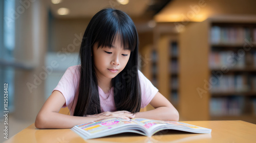 Young girl with long black hair, immersed in reading colorful comics at a wooden table, surrounded by bookshelves, showcasing the joy of comic reading and exploration