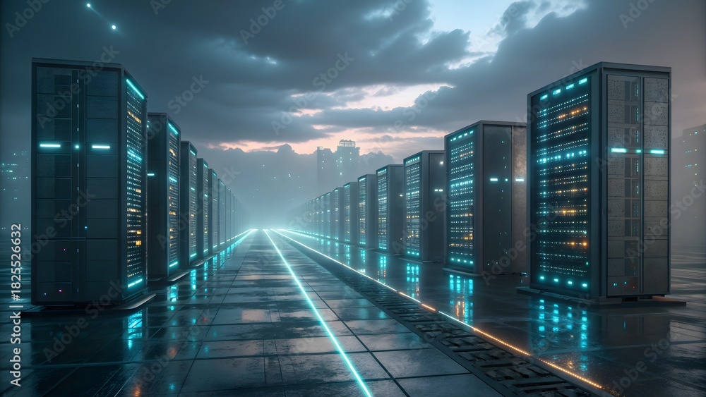 Fototapeta premium Server room with rows of data storage racks, illuminated by neon lights, creating a futuristic and hightech atmosphere for data processing and cloud computing
