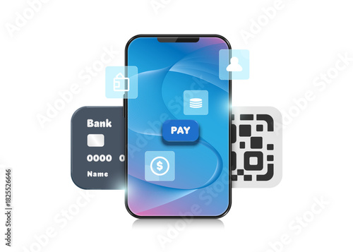 Various banking app-related icons and QR code appear around the smartphone screen against a modern blue background to design an ad about scanning, paying, or transferring money through the app.