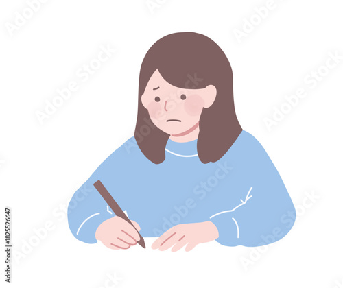 困り顔で書き物をしている女性　日記・家計簿・勉強