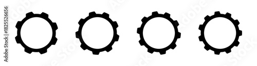Four minimal solid gear icons with clean circular forms and balanced spacing. Perfect for illustrating simple mechanical systems, industrial concepts, digital settings, and engineering visuals.