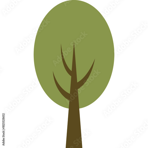 Simple stylized illustration of a deciduous tree with a brown trunk and branches and a large green foliage circle on a transparent white background representing nature and growth in a clean