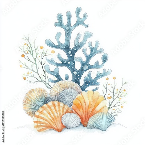 delicate watercolor arrangement of scallop shells, blue coral and seaweed conveying calm seaside serenity