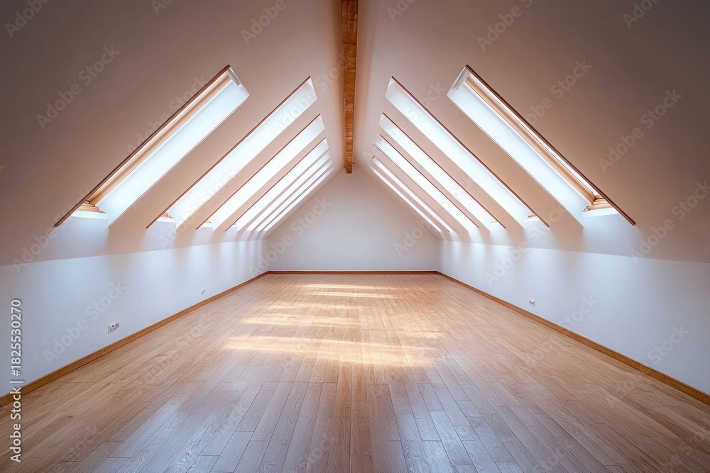 Obraz premium Empty airy attic loft with symmetrical skylights, exposed wooden beam and warm hardwood floor bathed in soft sunlight, minimalist serene and peaceful interior