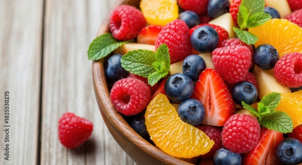 Obraz premium Vibrant bowl of fresh mixed berries and citrus fruits garnished with mint leaves