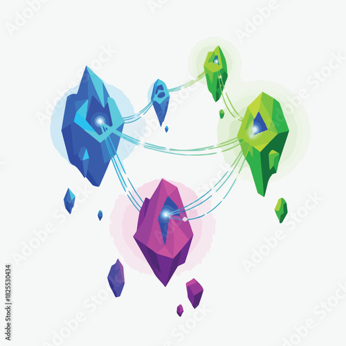 A vibrant illustration of a fantasy concept featuring levitating crystal shards forming a glowing digital network on a white background