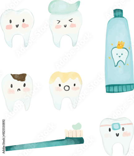 Cute Kawaii Dental Characters Collection, Adorable Tooth Care Illustration Set, Happy Tooth Hygiene Cartoon Pack, Smiling Teeth & Toothbrush Art Design, Fun Dental Health Clipart Bundle