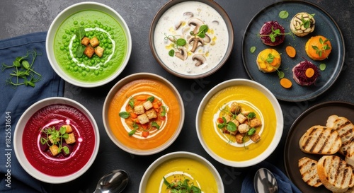 Wallpaper Mural A vibrant assortment of colorful pureed soups and roasted vegetables served in elegant bowls Torontodigital.ca