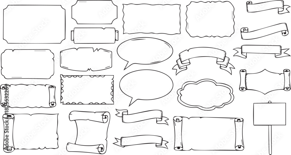 Obraz premium Hand drawn doodle frames banners, scrolls, speech bubbles collection.