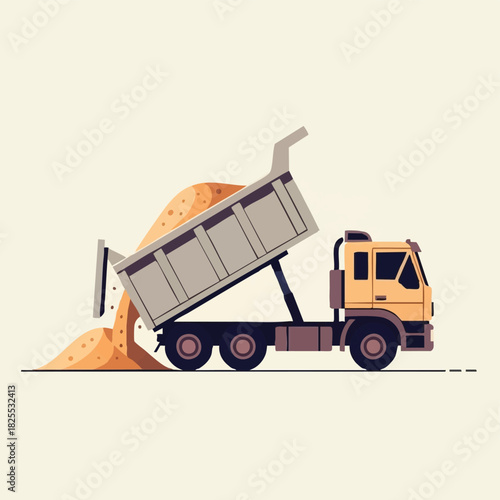 A vibrant illustration captures a yellow dump truck unloading sand, highlighting construction and transportation themes against a light background.