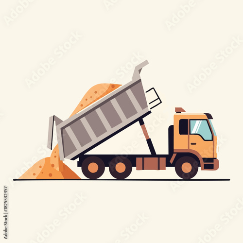 A vector illustration depicts a yellow dump truck unloading sand, showcasing construction and transportation concepts against a neutral background.