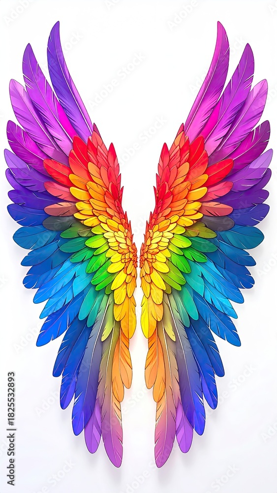Fototapeta premium Vibrant, colorful, rainbow-hued angel wings against a plain white background. They appear meticulously crafted, with overlapping, multi-colored feathers