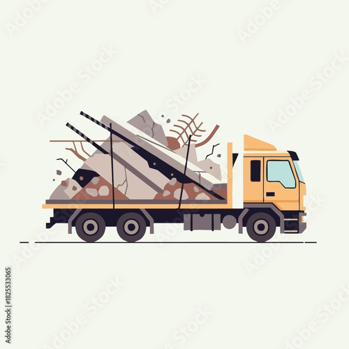 A yellow truck transports construction debris, including concrete, rebar, and other materials, against a light green background, ready for disposal.