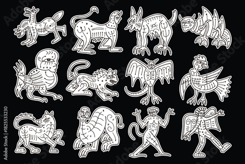 Collection of hand drawn imaginary mythical creatures and grotesque hybrids in medieval line art style