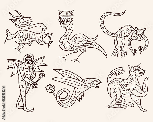Collection of hand drawn imaginary mythical creatures and grotesque hybrids in medieval line art style