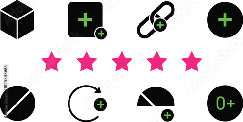 Collection of black geometric shapes with pink star rating and plus symbols