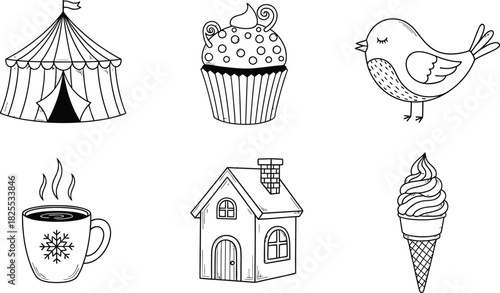 Cute collection of hand drawn illustrations with various fun and festive icons