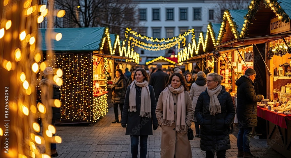 Obraz premium Christmas market scene with people and festive lights, vibrant holiday ambiance