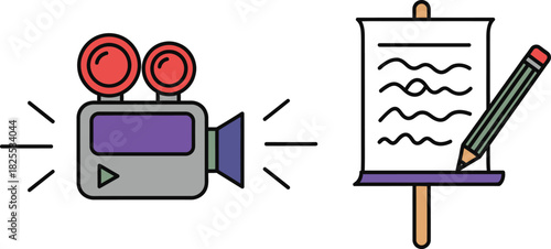 Filmmaking process showing film camera and script with pencil writing scene