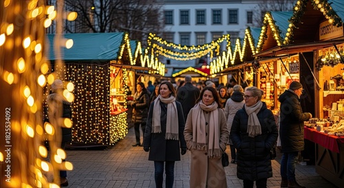 Christmas market scene with people and festive lights, vibrant holiday ambiance