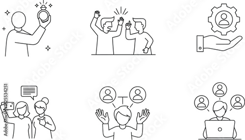 Line art illustration of business collaboration and success concepts set