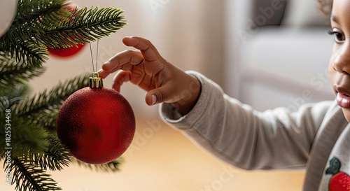 Child decorating Christmas tree, placing red ornament, enjoying holiday fun