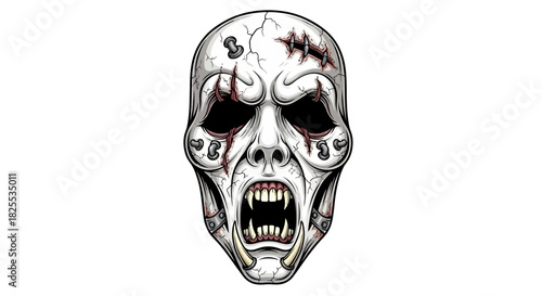 Terrifying zombie mask with cracked skin and sharp teeth for Halloween designs or horror themed events adds a scary atmosphere and frightful effect