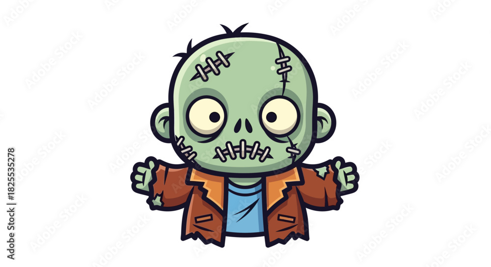 Fototapeta premium Adorable zombie character with stitched face for Halloween designs and spooky themes, perfect for kids' projects or fun invitations, get festive with this cute monster