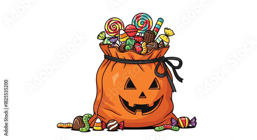 Festive Halloween pumpkin bag overflowing with delicious candies and treats, perfect for party invitations and trick or treat decorations
