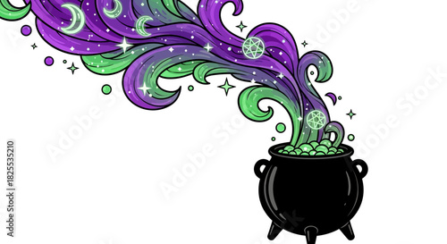 Charming witch's cauldron with swirling purple and green potion, stars, and moons for Halloween designs, magical projects, and fantasy illustrations