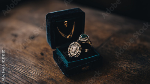 bezel. An heirloom emerald necklace and a family crest ring in an open velvet box. lifestyle magazines, social media lookbooks, designed for lifestyle magazines and social media content.
